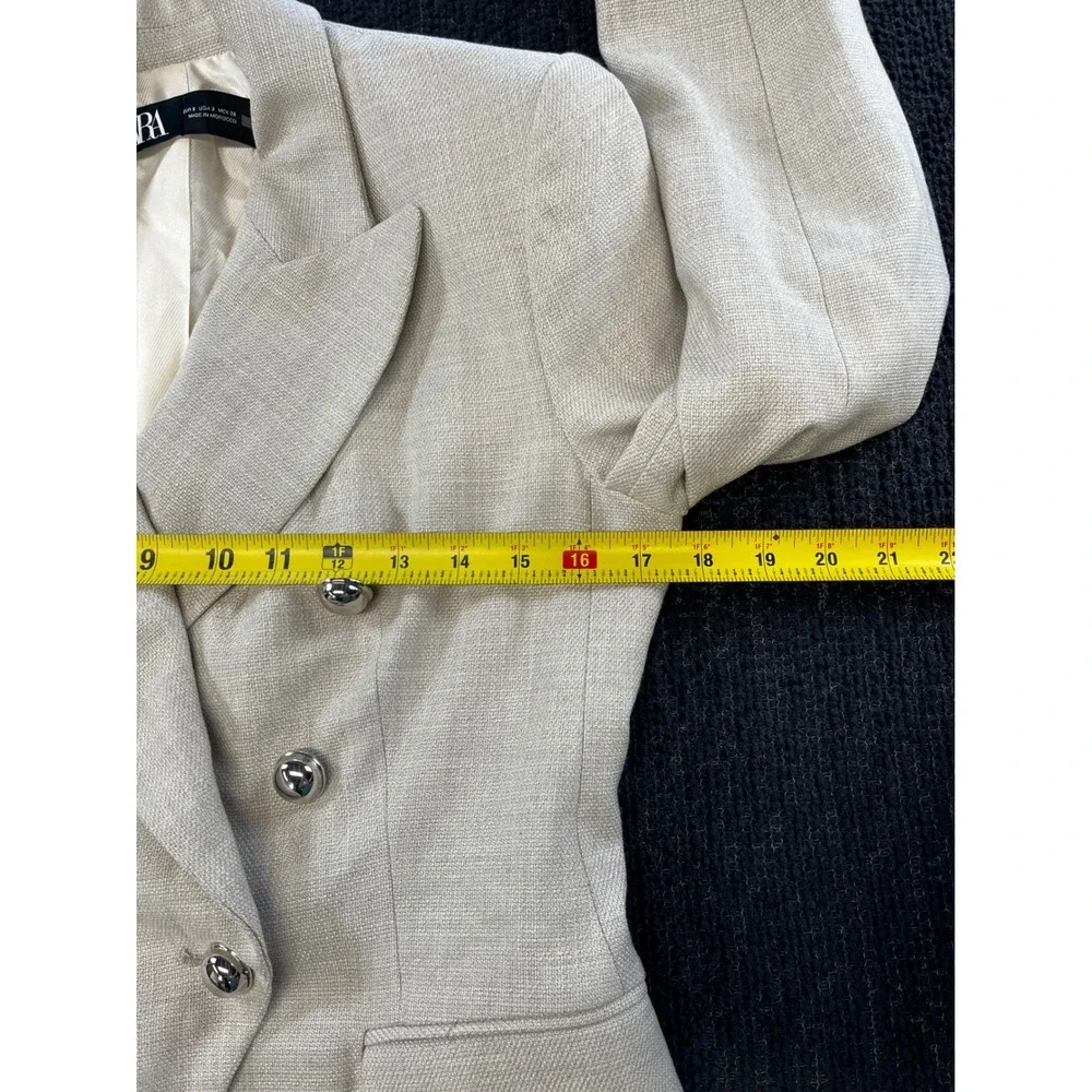Zara Womens Double Breasted Textured Blazer Oatmeal Beige Silver Buttons Size S